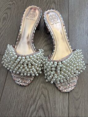 Tory Burch Pearl-Cluster Tweed Slide Mules in Pink and Cream
